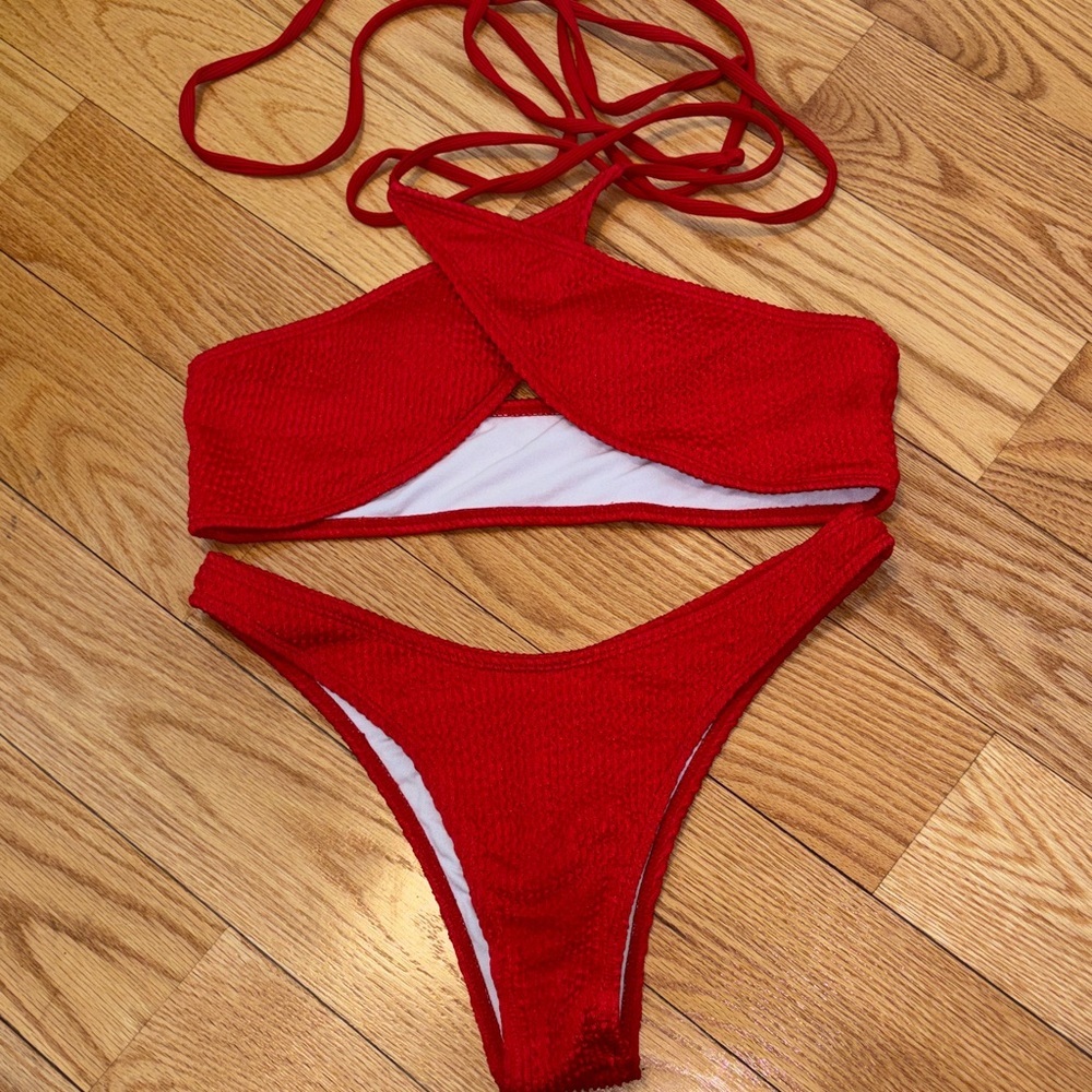 Red Crinkle Textured Two-Piece Bikini Set